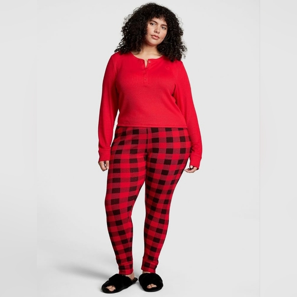 New Victoria Secret Pink Thermal Buffalo Red Black Plaid Pajama Set Size Medium - Picture 1 of 5